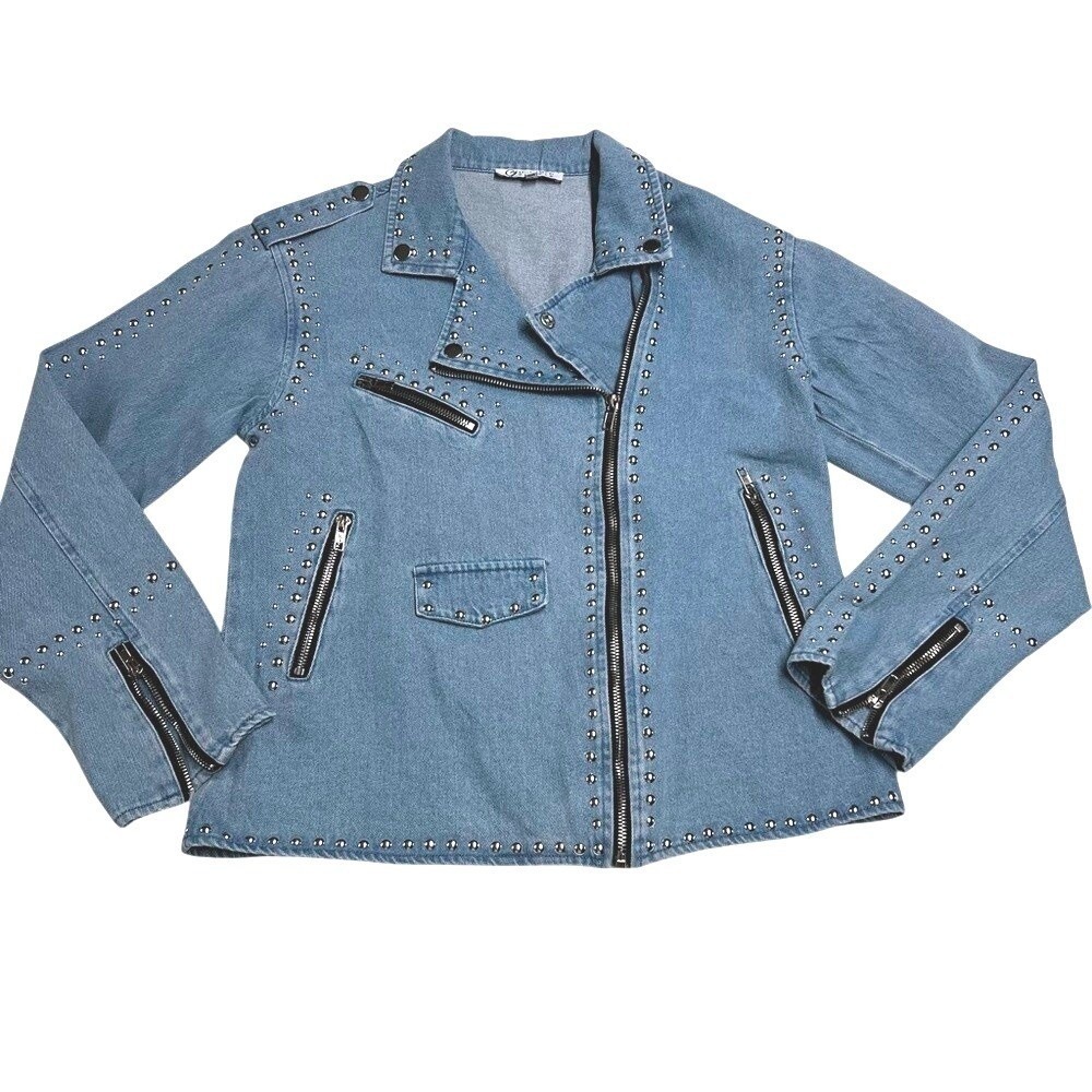 NWOT CEZELE Collection Studded Denim Moto Jacket Small Rocker Biker Edgy